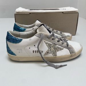 Golden Goose Superstar Sneaker White Leather/Silver/Blue Glitter 36 in Box